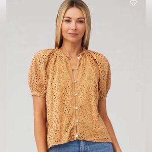 Cleobella Kate Blouse Wheat Tan Eyelet Button-Up Blouse Small Organic Cotton
